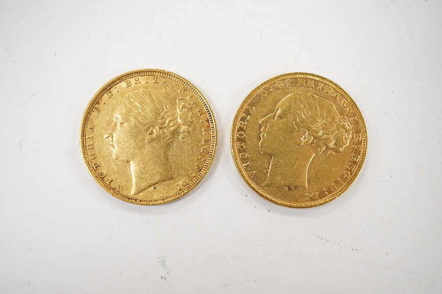 Australia gold coins, Victoria, two gold sovereigns, 1873S, about VF and 1876S, VF